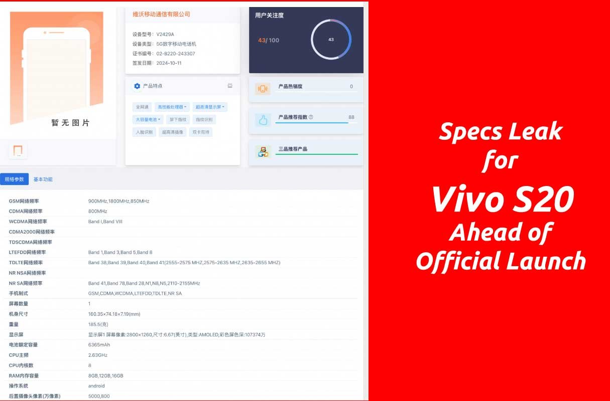 Specs Leak for Vivo S20 Ahead of Official Launch
